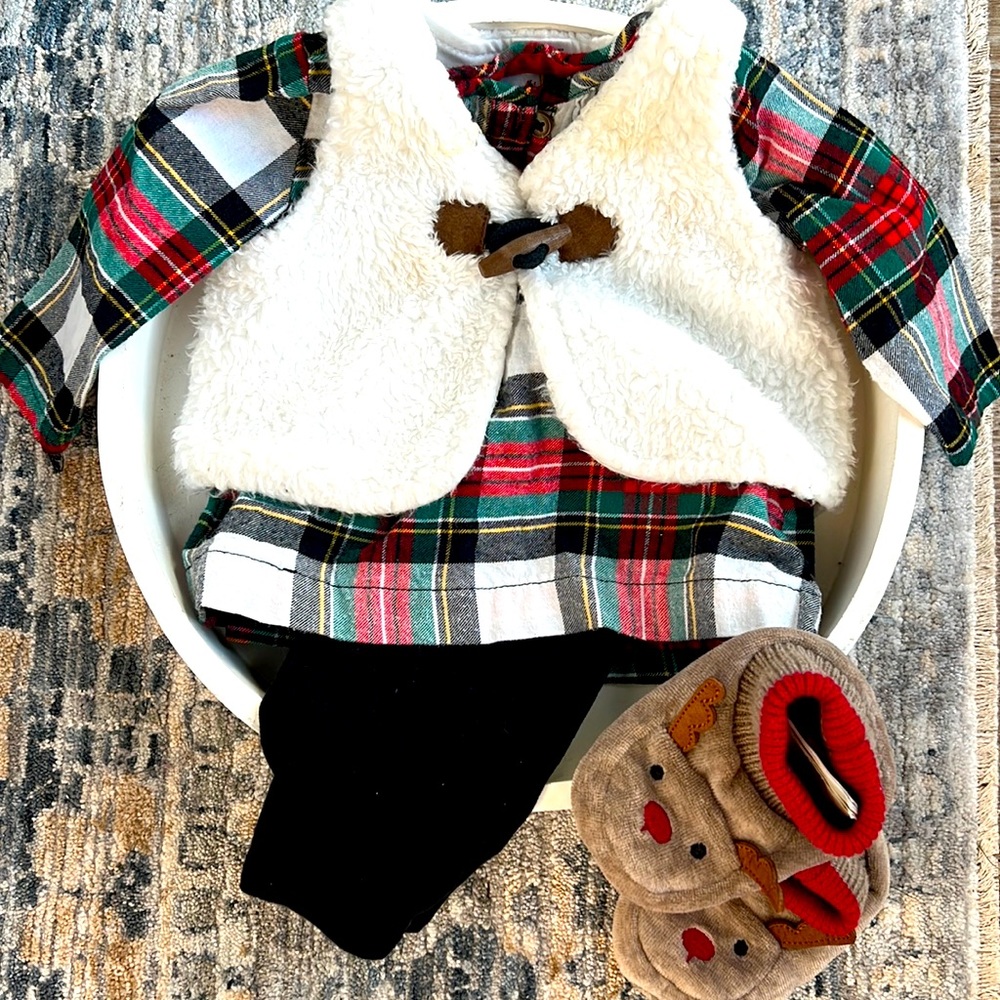 Carters faux fur vest and plaid top with H&M reindeer booties